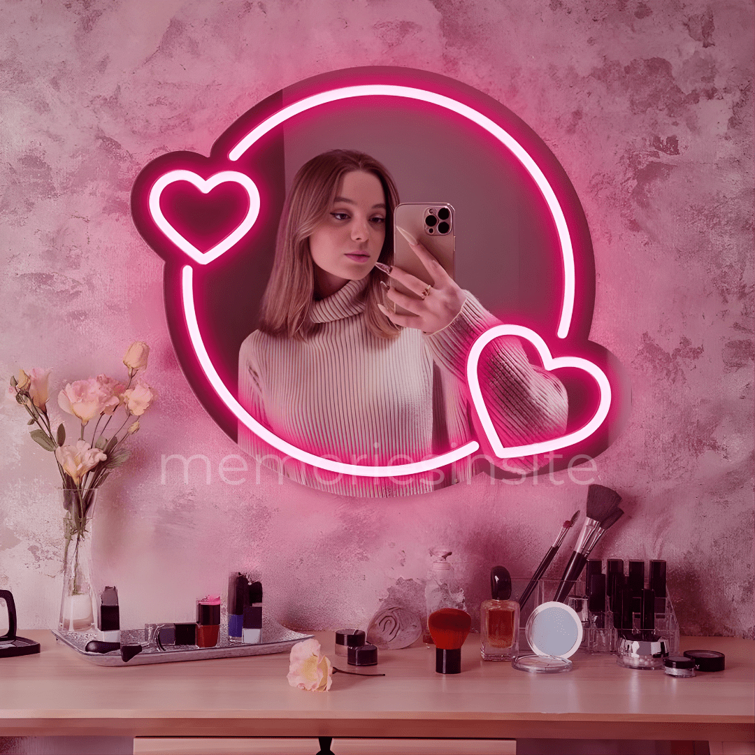 💗 Dual-Heart Neon Acrylic Mirror — Love Glow Vanity Wall Decor - Memories InsiteDUAL HEART NEON ACRYLIC MIRROR- 10*9 INCH